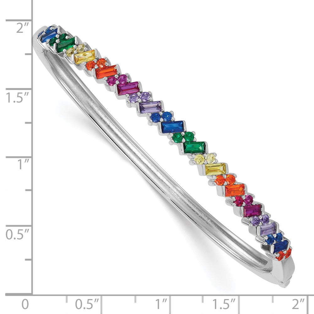 Sterling Silver Rhodium-plated Polished Multi-color Rainbow Round and Emerald-shape Nano Crystal Hinged Bangle QB1626