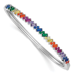 Sterling Silver Rhodium-plated Polished Multi-color Rainbow Round and Emerald-shape Nano Crystal Hinged Bangle QB1626