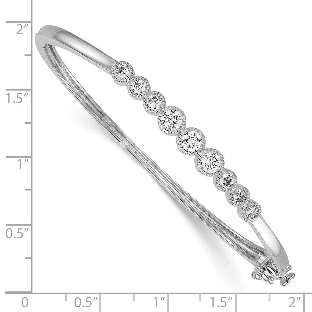 Sterling Silver Rhodium-plated Polished and Textured Bezel-set Graduated CZ Hinged Bangle QB1631