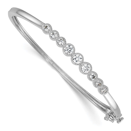 Sterling Silver Rhodium-plated Polished and Textured Bezel-set Graduated CZ Hinged Bangle QB1631