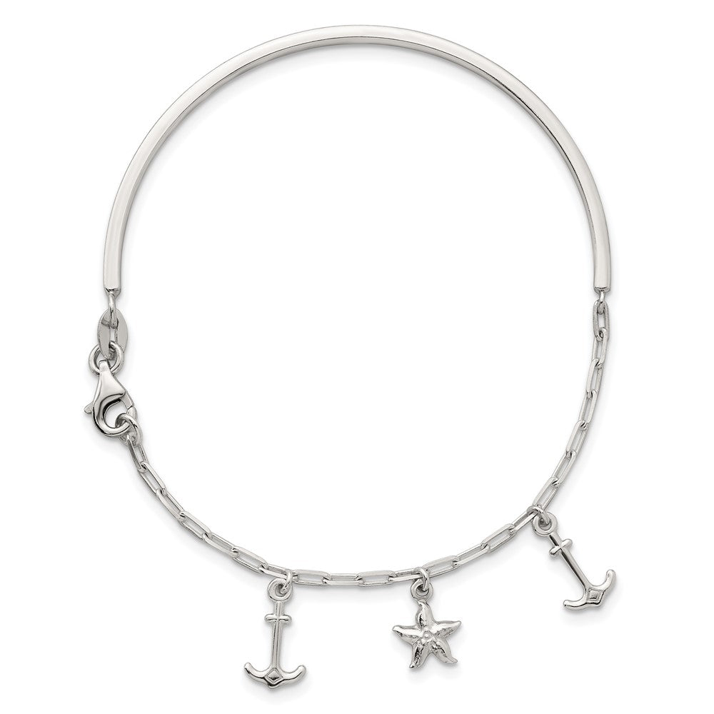 Sterling Silver Polished Anchor and Starfish Charms Half Bangle Bracelet QB1632