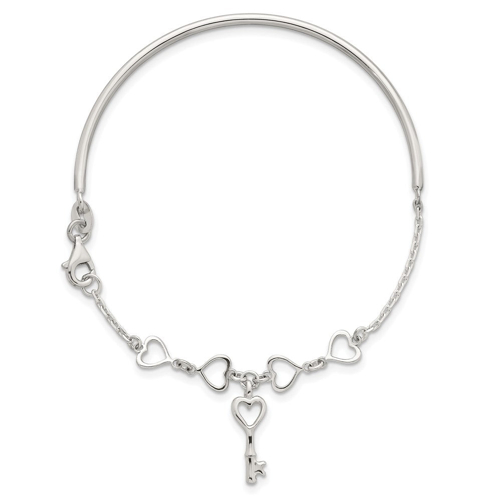 Sterling Silver Polished Open Hearts and Key Charms Half Bangle Bracelet QB1633