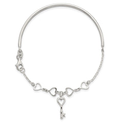 Sterling Silver Polished Open Hearts and Key Charms Half Bangle Bracelet QB1633