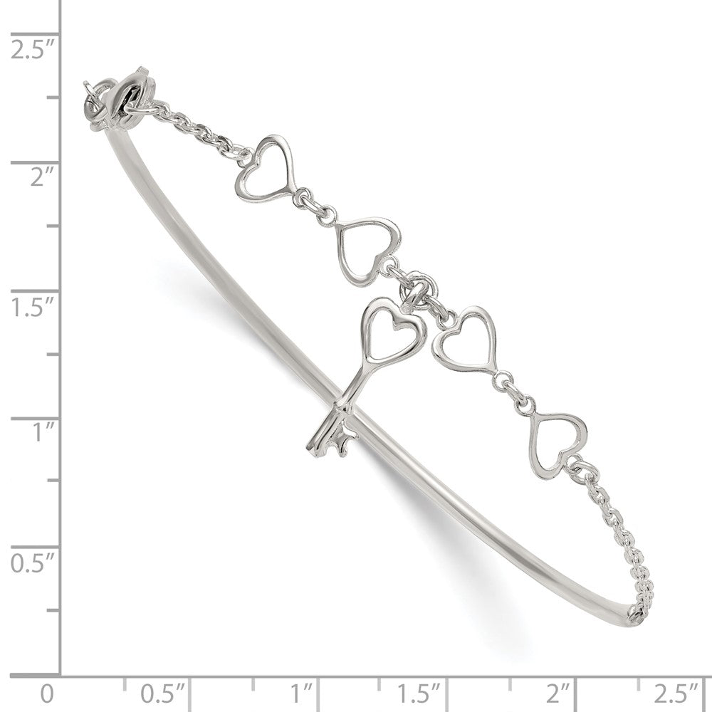 Sterling Silver Polished Open Hearts and Key Charms Half Bangle Bracelet QB1633