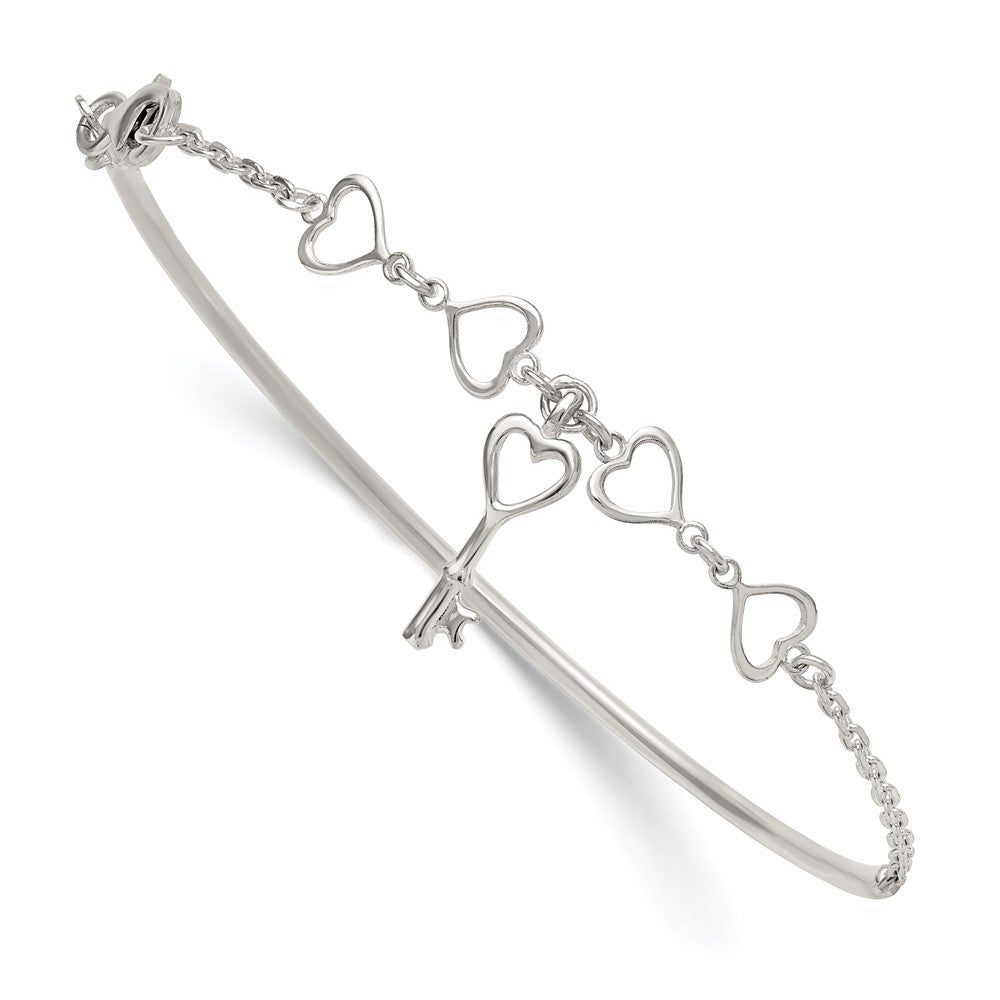 Sterling Silver Polished Open Hearts and Key Charms Half Bangle Bracelet QB1633