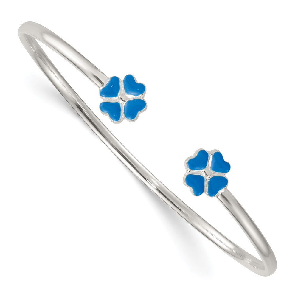 Sterling Silver Polished Blue Enamel Clover Childrens Cuff Bracelet QB1635