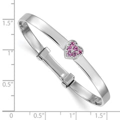 Sterling Silver Rhodium-plated Polished Pink CZ Heart Childrens Expandable Bangle QB1638