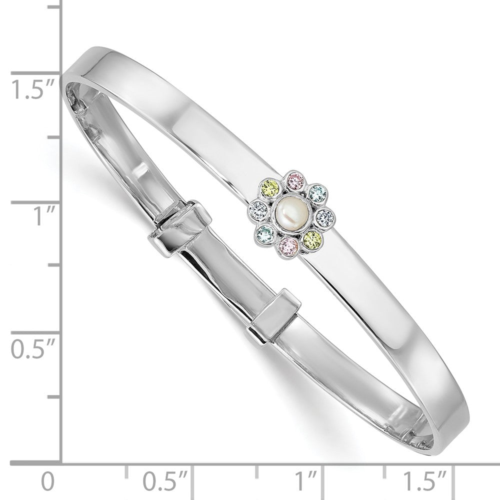 Sterling Silver Rhodium-plated Polished Green, Pink, Blue and Purple CZ and Freshwater Cultured Pearl Flower Childrens Expandable Bangle QB1639