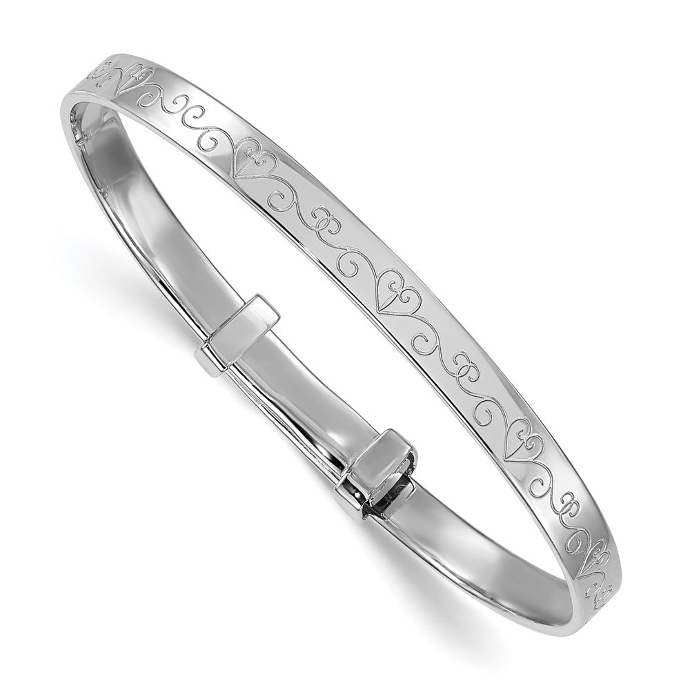 Sterling Silver Rhodium-plated Polished Etched Heart Pattern Childrens Expandable Bangle QB1644