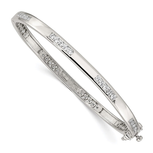 Sterling Silver Rhodium-plated Clear CZ Oval Hinged Bangle Bracelet QB262