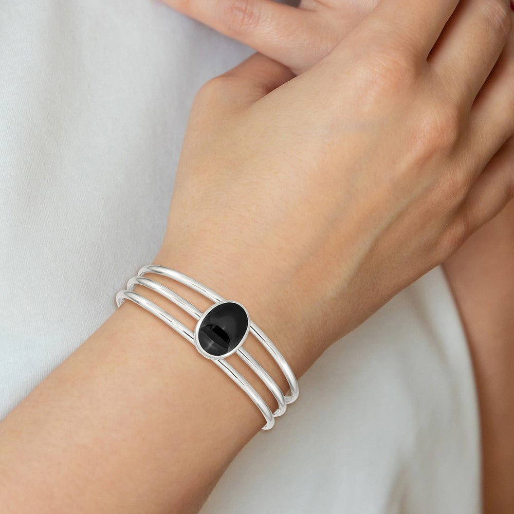Sterling Silver Synthetic Onyx Three Strand Cuff Bangle Bracelet QB389