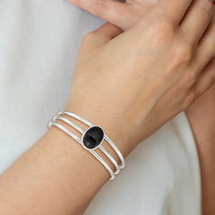 Sterling Silver Synthetic Onyx Three Strand Cuff Bangle Bracelet QB389
