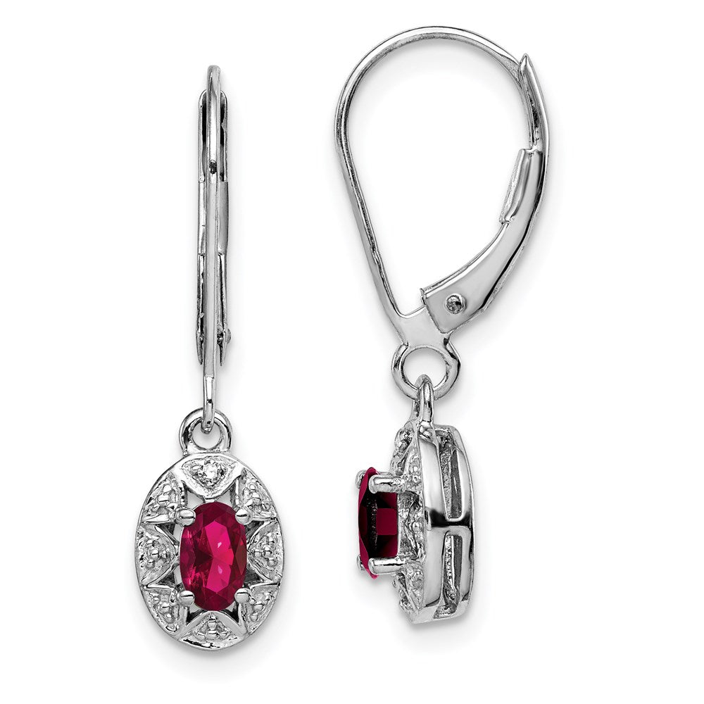 QBE10JUL Sterling Silver Rhodium Plated Diamond and Lab Created Ruby Dangle Leverback Earrings