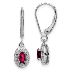QBE10JUL Sterling Silver Rhodium Plated Diamond and Lab Created Ruby Dangle Leverback Earrings