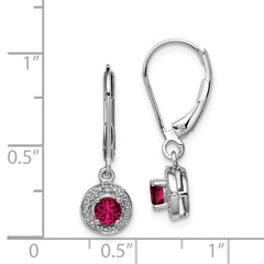 QBE11JUL Sterling Silver Rhodium Plated Lab Created Ruby and Diamond Halo Dangle Leverback Earrings