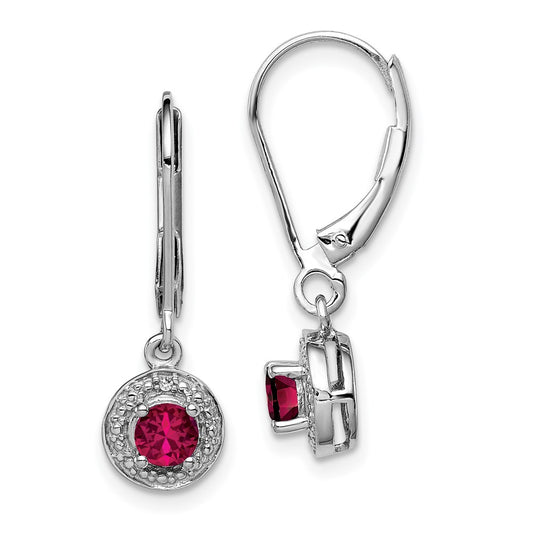 QBE11JUL Sterling Silver Rhodium Plated Lab Created Ruby and Diamond Halo Dangle Leverback Earrings