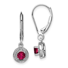 QBE11JUL Sterling Silver Rhodium Plated Lab Created Ruby and Diamond Halo Dangle Leverback Earrings