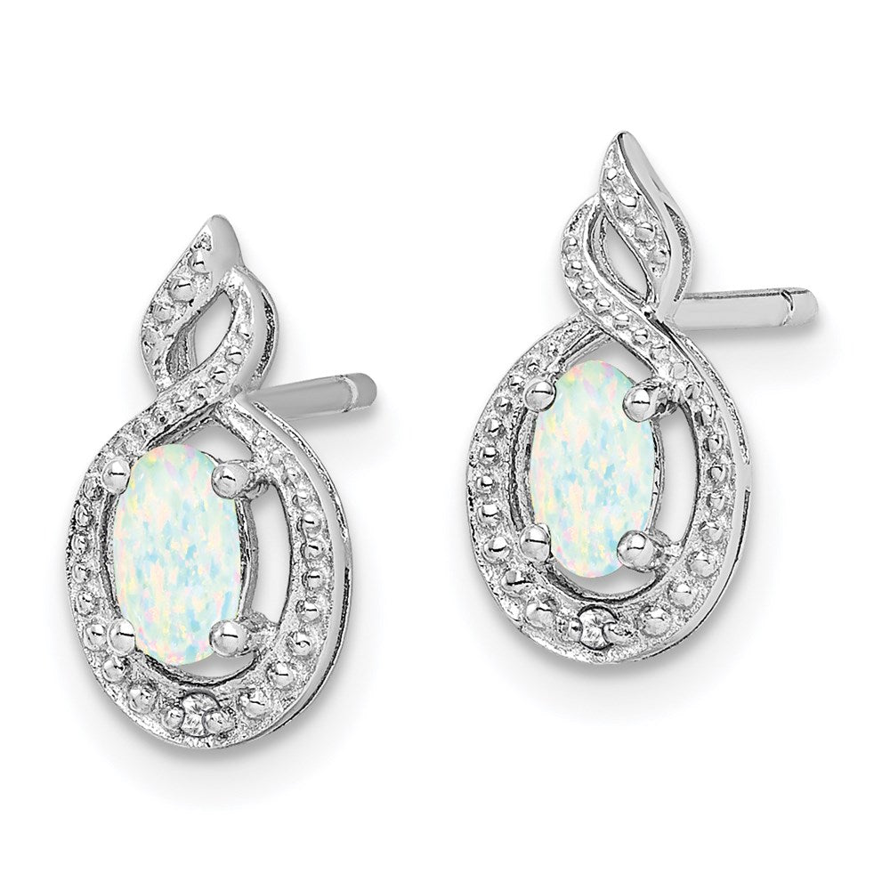 QBE18OCT Sterling Silver Rhodium-plated Created Opal & Diam. Earrings