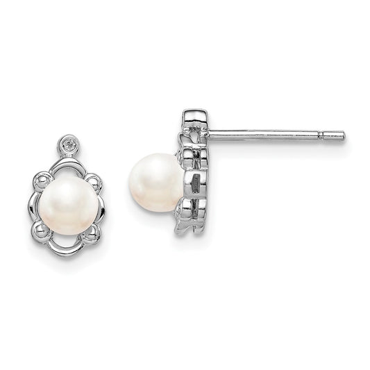 QBE21JUN Sterling Silver Rhodium-plated FW Cultured Pearl & Diam. Earrings