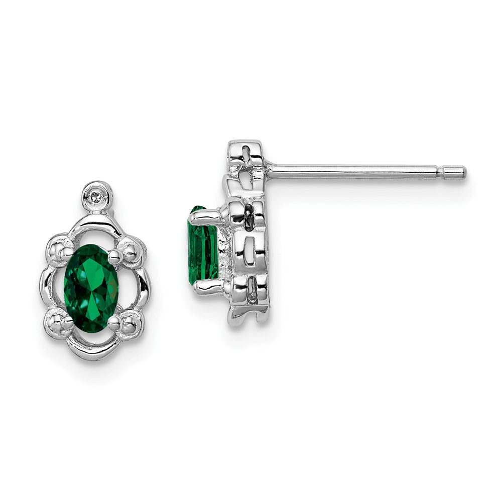 QBE21MAY Sterling Silver Rhodium-plated Created Emerald & Diam. Earrings