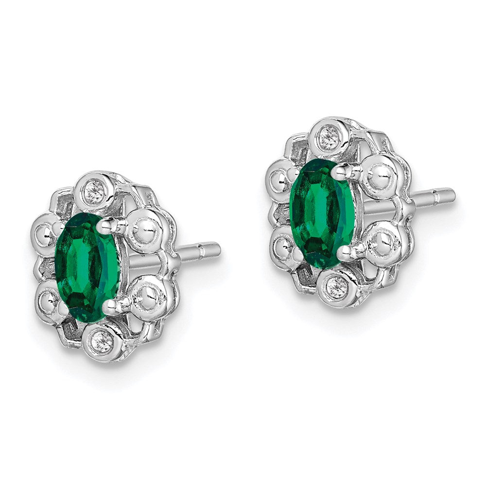QBE22MAY Sterling Silver Rhodium-plated Created Emerald & Diam. Earrings