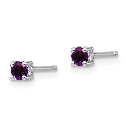QBE25FEB Sterling Silver Rhodium-plated 3mm Round Amethyst Post Earrings