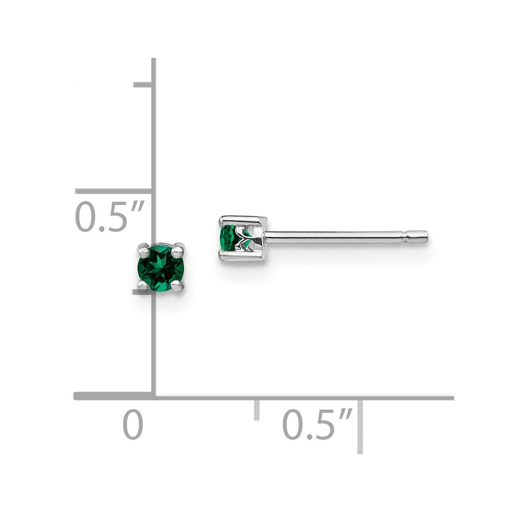 QBE25MAY Sterling Silver Rhod-plated 3mm Round Created Emerald Post Earrings