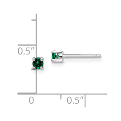 QBE25MAY Sterling Silver Rhod-plated 3mm Round Created Emerald Post Earrings