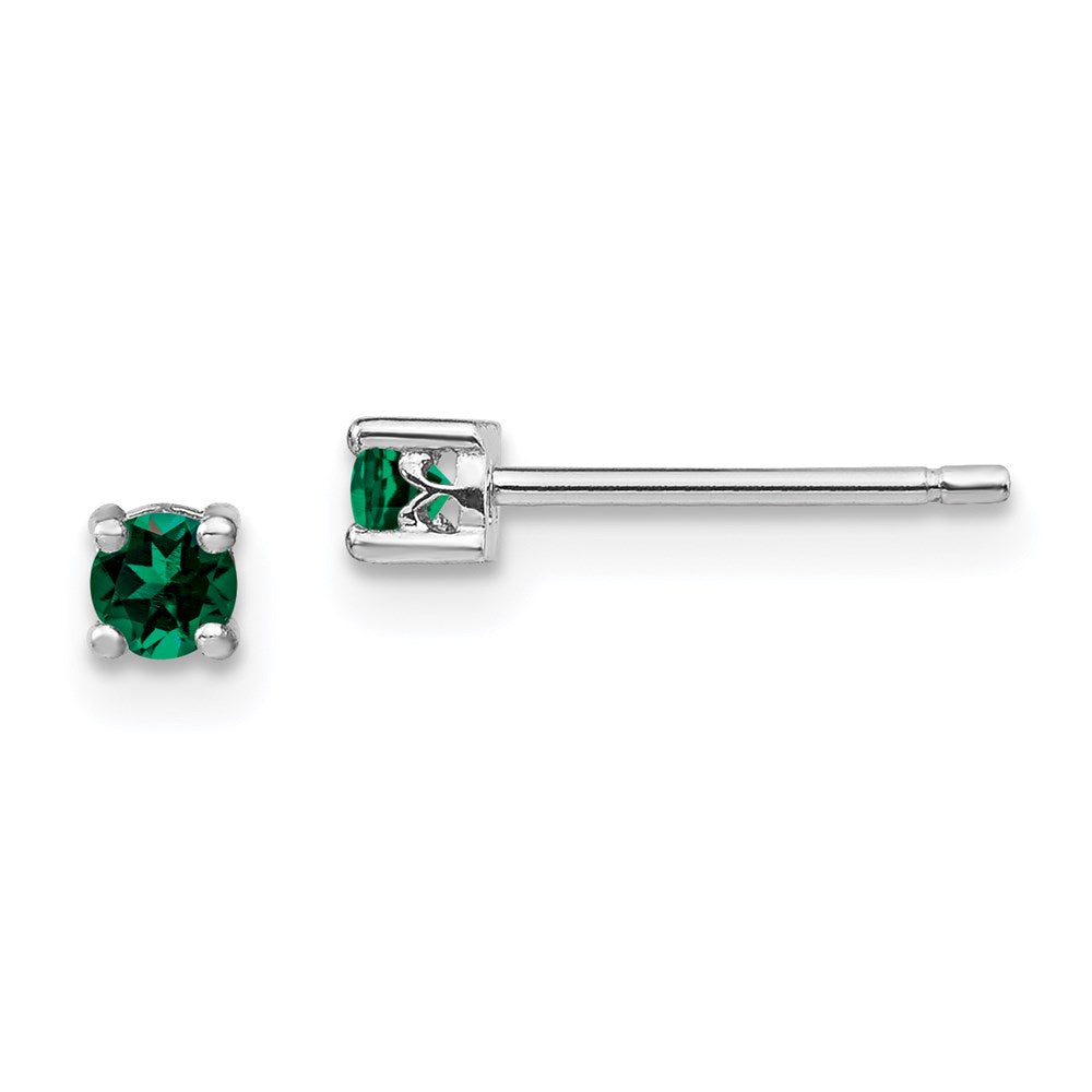 QBE25MAY Sterling Silver Rhod-plated 3mm Round Created Emerald Post Earrings