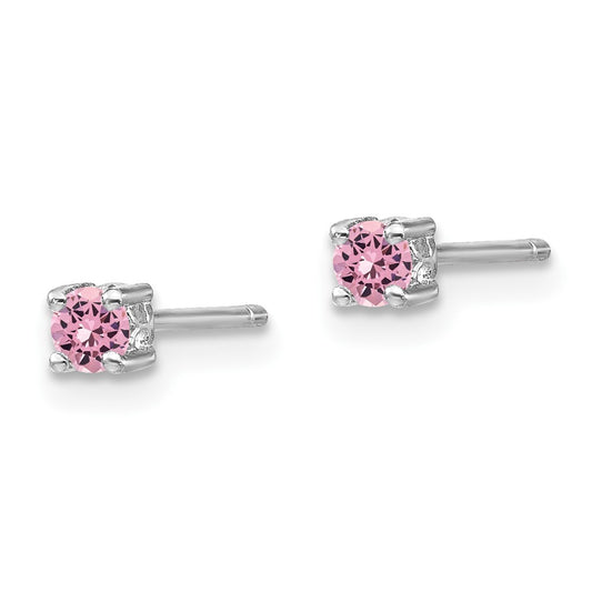 QBE25OCT Sterling Silver Rhod-pltd 3mm Round Cr. Pink Sapphire Post Earrings