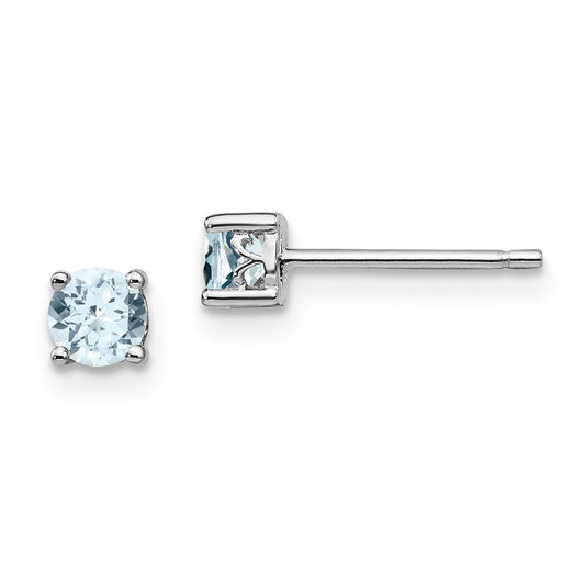 QBE26MAR Sterling Silver Rhodium-plated 4mm Round Aquamarine Post Earrings