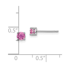 QBE26OCT Sterling Silver Rhodium-plated 4mm Round Created Pink Sapphire Post Earring
