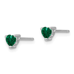 QBE27MAY Sterling Silver Rhod-plated 4mm Heart Created Emerald Post Earrings
