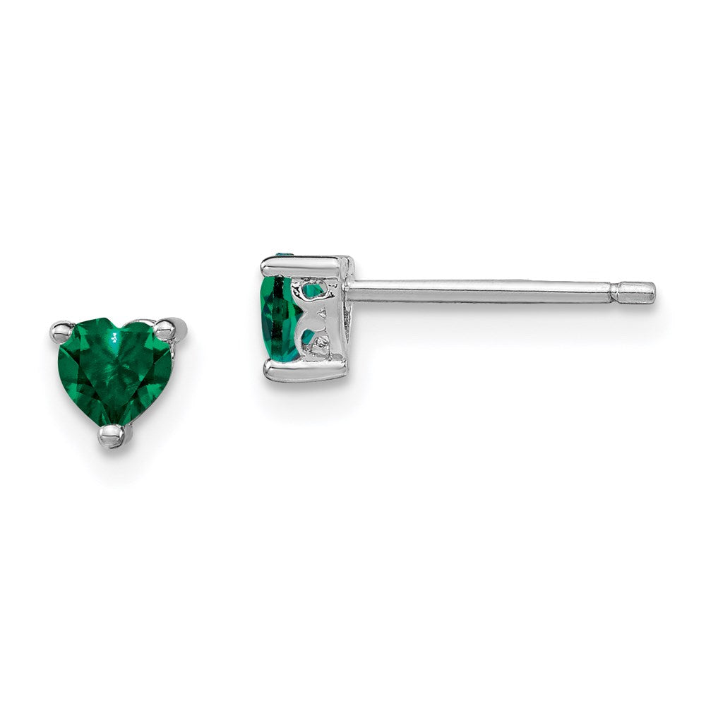 QBE27MAY Sterling Silver Rhod-plated 4mm Heart Created Emerald Post Earrings