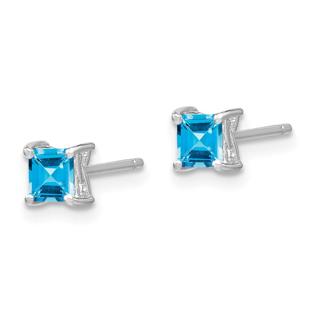 QBE28DEC Sterling Silver Rhod-pltd 4mm Princess Swiss Blue Topaz Post Earrings