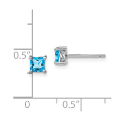 QBE28DEC Sterling Silver Rhod-pltd 4mm Princess Swiss Blue Topaz Post Earrings