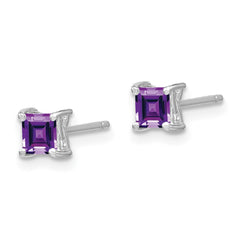 QBE28FEB Sterling Silver Rhodium-plated 4mm Princess Amethyst Post Earrings