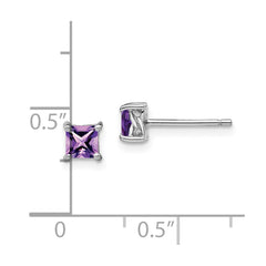 QBE28FEB Sterling Silver Rhodium-plated 4mm Princess Amethyst Post Earrings