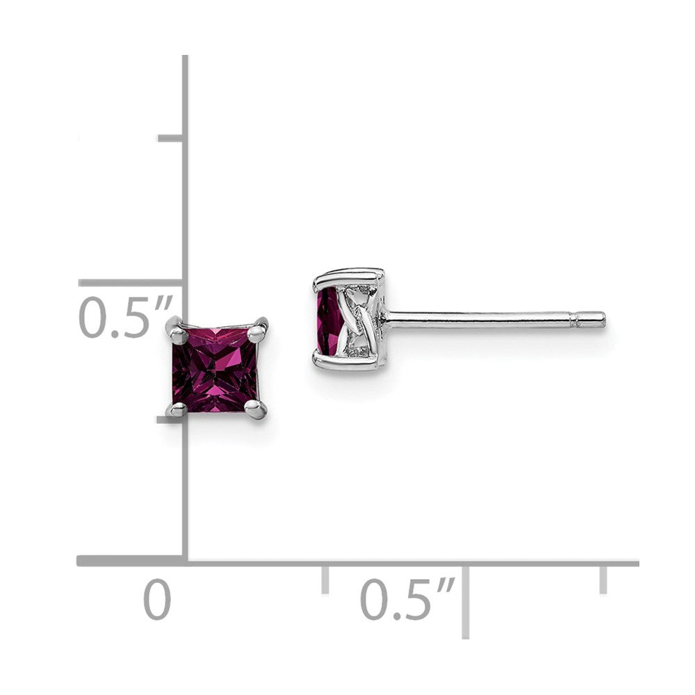 QBE28JUN Sterling Silver Rhod-pltd 4mm Princess Rhodolite Garnet Post Earrings
