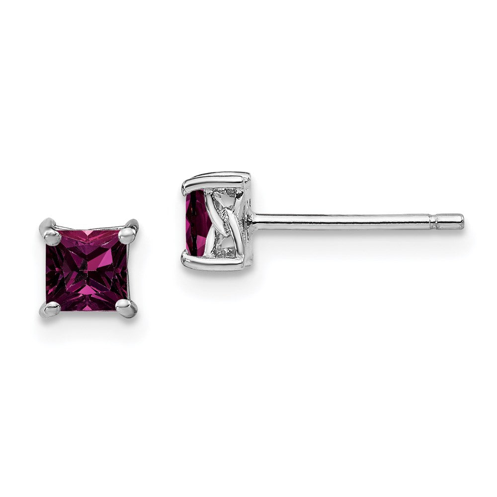QBE28JUN Sterling Silver Rhod-pltd 4mm Princess Rhodolite Garnet Post Earrings
