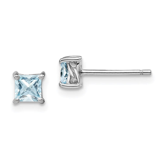 QBE28MAR Sterling Silver Rhodium-plated 4mm Princess Aquamarine Post Earrings