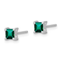 QBE28MAY Sterling Silver Rhod-pltd 4mm Princess Created Emerald Post Earrings