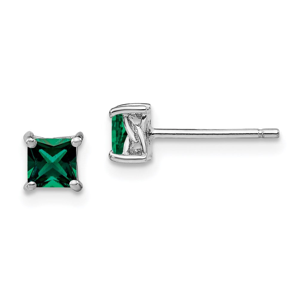 QBE28MAY Sterling Silver Rhod-pltd 4mm Princess Created Emerald Post Earrings