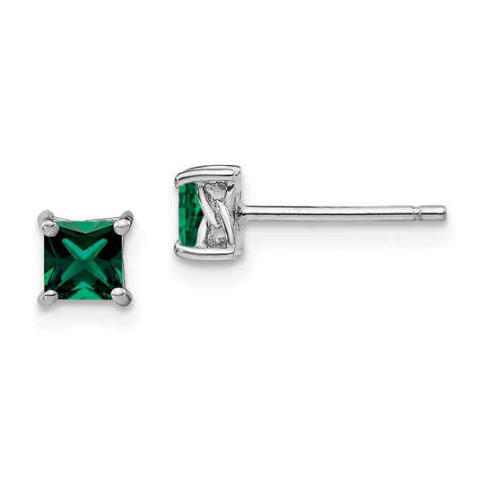 QBE28MAY Sterling Silver Rhod-pltd 4mm Princess Created Emerald Post Earrings