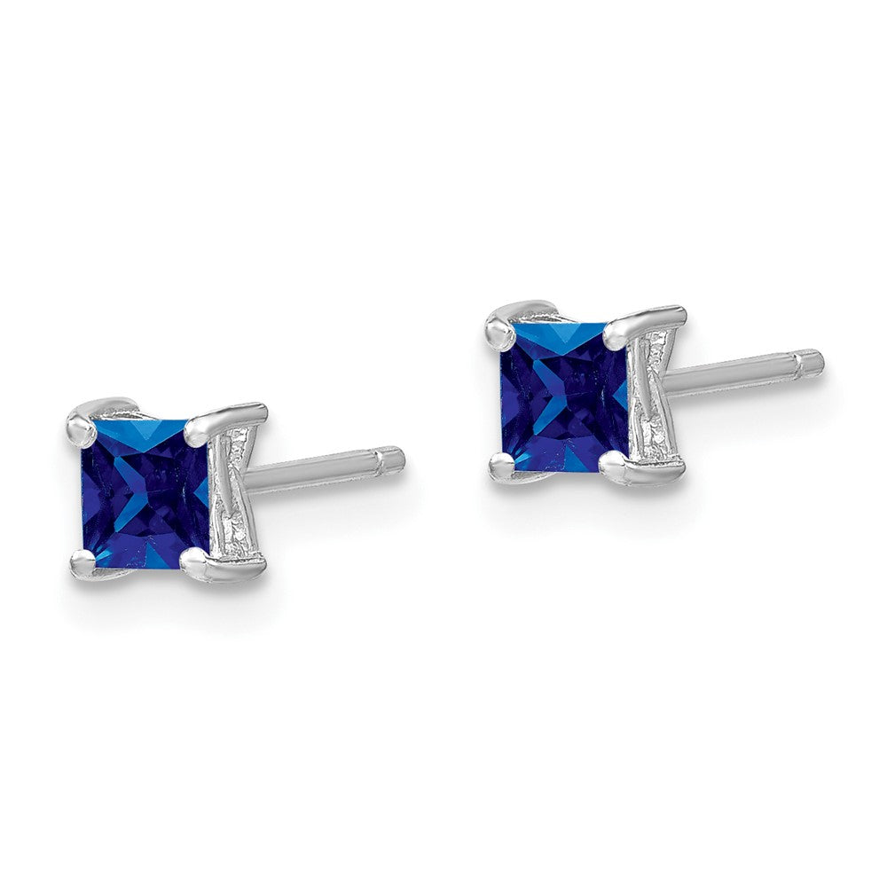 QBE28SEP Sterling Silver Rhod-pltd 4mm Princess Created Sapphire Post Earrings