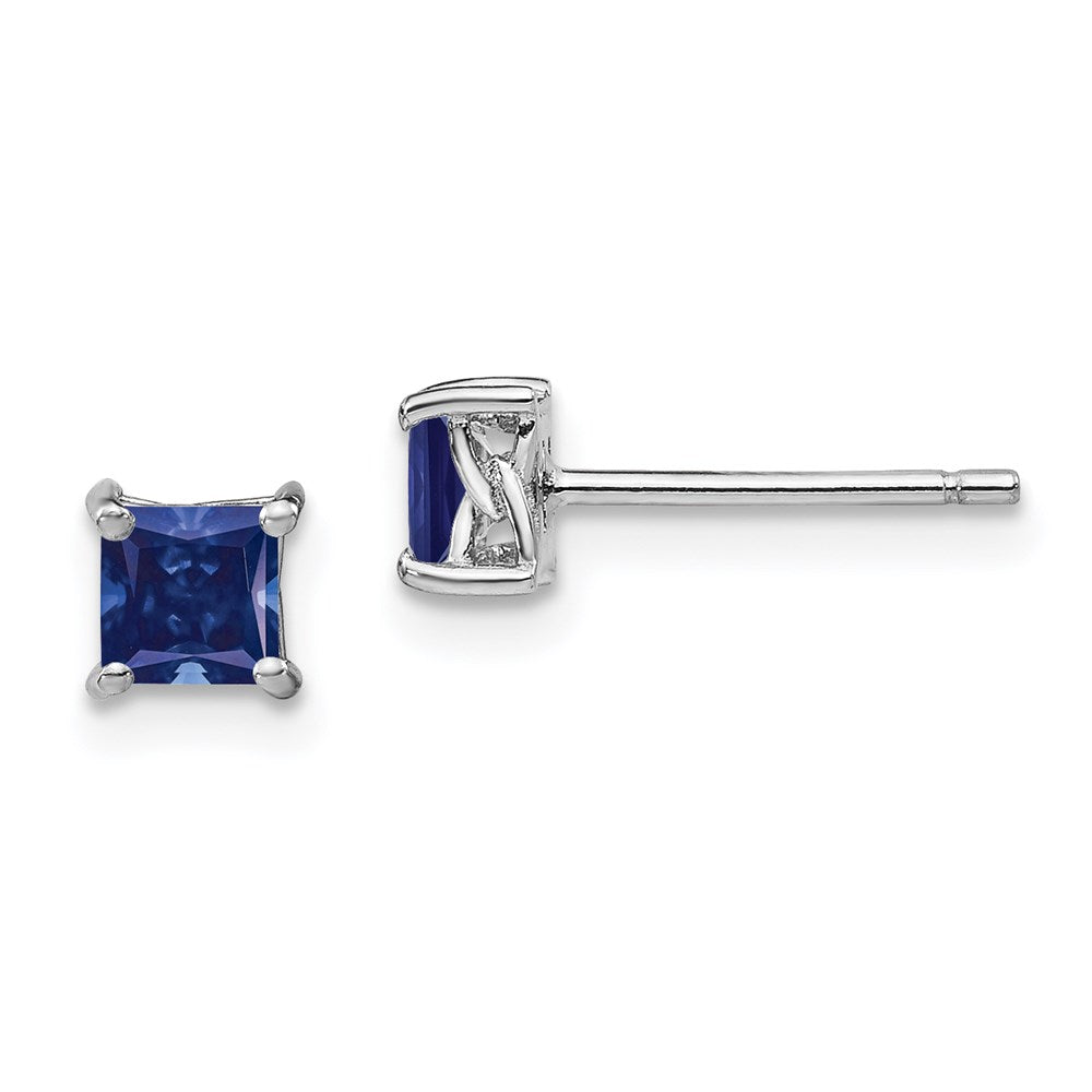 QBE28SEP Sterling Silver Rhod-pltd 4mm Princess Created Sapphire Post Earrings