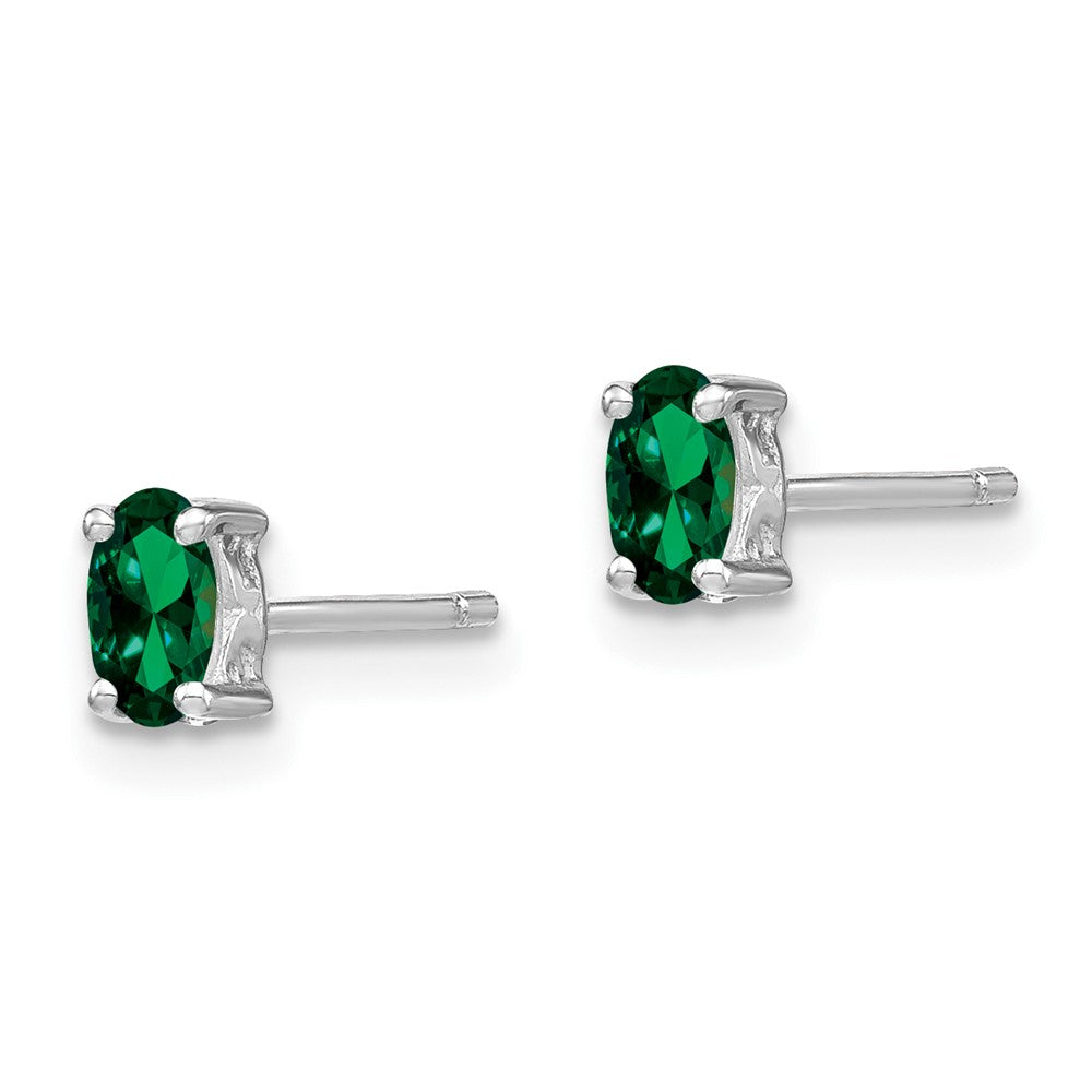 QBE29MAY Sterling Silver Rhodium-plated 5x3mm Oval Created Emerald Post Earrings