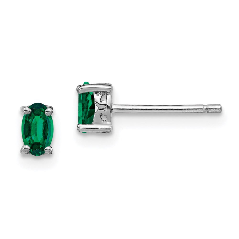 QBE29MAY Sterling Silver Rhodium-plated 5x3mm Oval Created Emerald Post Earrings