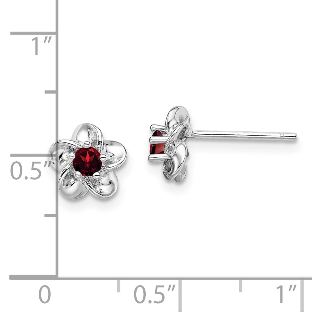 QBE30GA Sterling Silver Rhodium-plated Floral Garnet Post Earrings