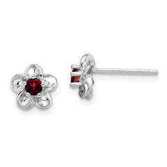 QBE30GA Sterling Silver Rhodium-plated Floral Garnet Post Earrings